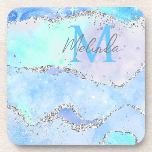 Pastel Blue and Silver Glitter Ocean Agate Beverage Coaster