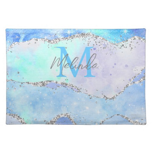 Pastel Blue and Silver Glitter Ocean Agate Cloth Placemat