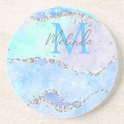 Pastel Blue and Silver Glitter Ocean Agate Coaster