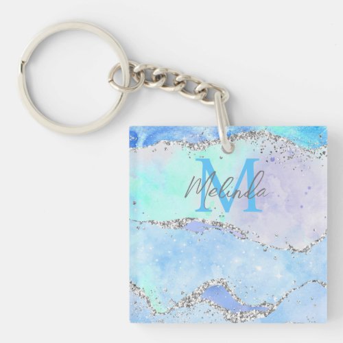 Pastel Blue and Silver Glitter Ocean Agate Keychain