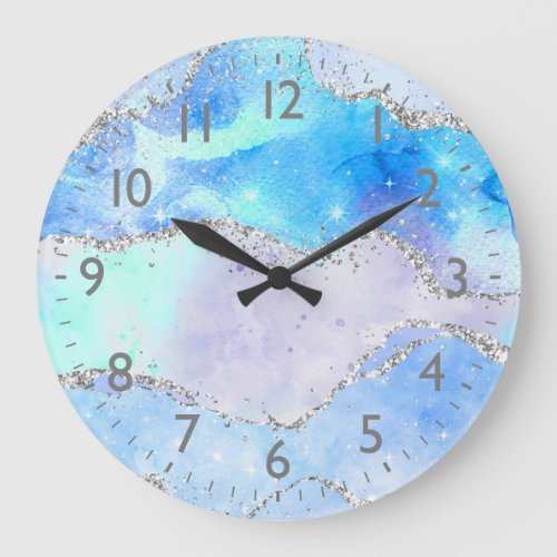 Pastel Blue and Silver Glitter Ocean Agate Large Clock