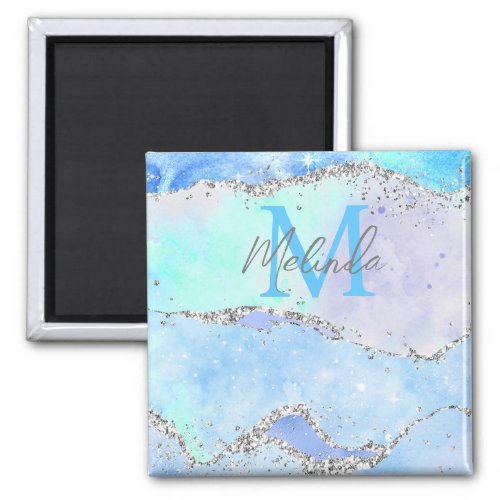 Pastel Blue and Silver Glitter Ocean Agate Magnet