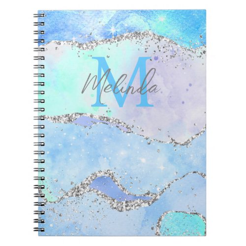 Pastel Blue and Silver Glitter Ocean Agate Notebook