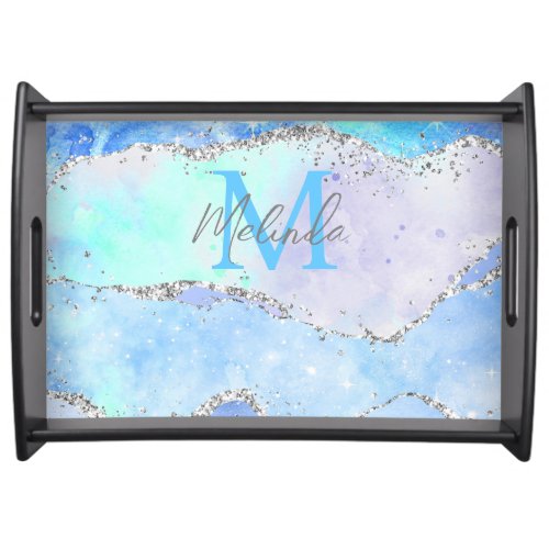 Pastel Blue and Silver Glitter Ocean Agate Serving Tray