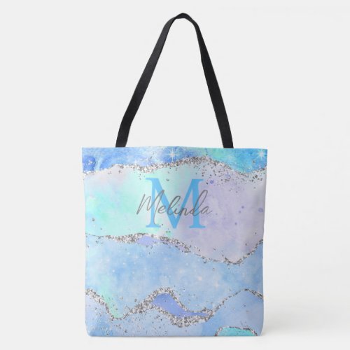 Pastel Blue and Silver Glitter Ocean Agate Tote Bag