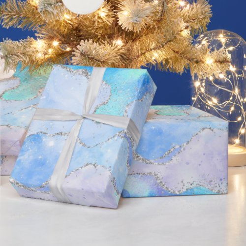 Pastel Blue and Silver Glitter Ocean Agate Wrapping Paper