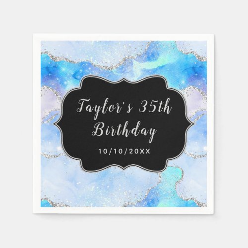 Pastel Blue and Silver Sequins Agate Birthday Napkins