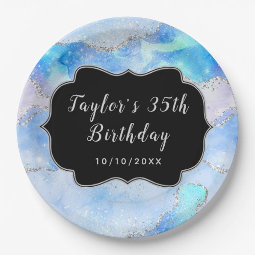 Pastel Blue and Silver Sequins Agate Birthday Paper Plates