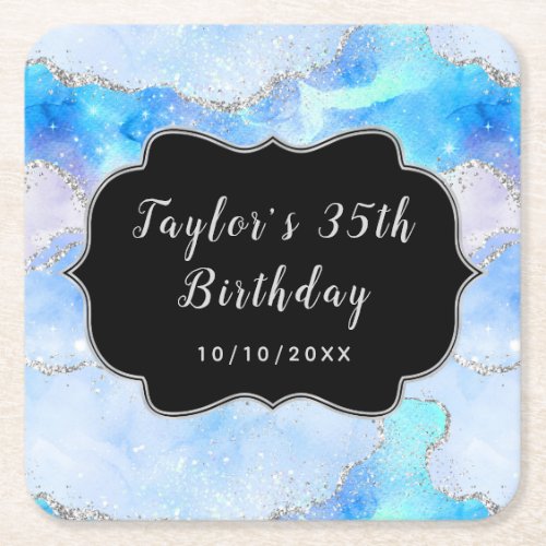 Pastel Blue and Silver Sequins Agate Birthday Square Paper Coaster