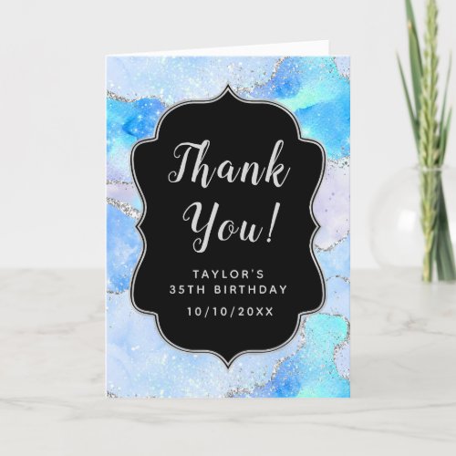 Pastel Blue and Silver Sequins Agate Birthday Thank You Card