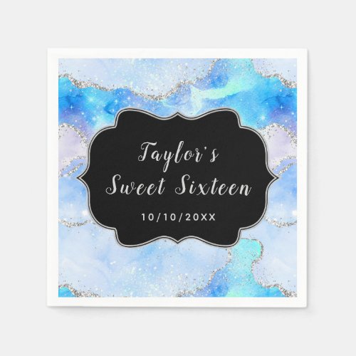 Pastel Blue and Silver Sequins Agate Sweet Sixteen Napkins