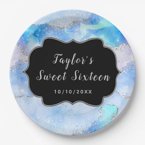 Pastel Blue and Silver Sequins Agate Sweet Sixteen Paper Plates