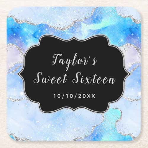 Pastel Blue and Silver Sequins Agate Sweet Sixteen Square Paper Coaster