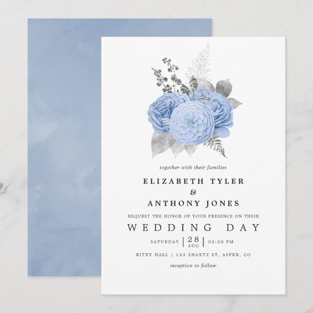 Pastel Blue and Silver Vintage Rose Wedding Invitation (Front/Back)