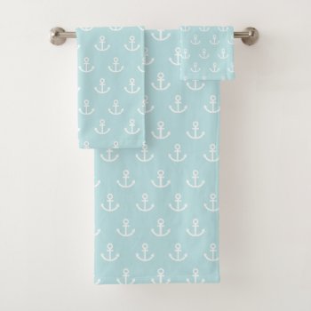 Pastel Blue And White Anchor Pattern Bath Towel Set by beachcafe at Zazzle