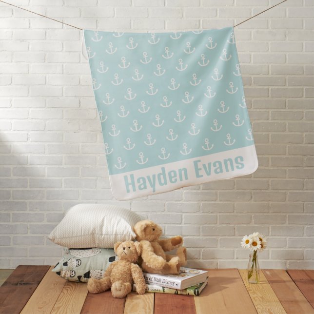 Pastel Blue and White Anchor Pattern Personalised Baby Blanket (In Situ)