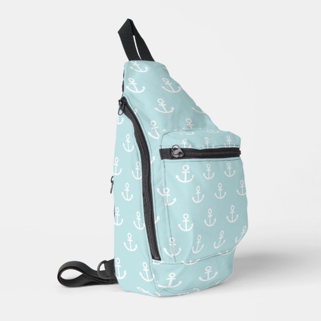 Pastel Blue and White Anchor Pattern Sling Bag (Left Corner)