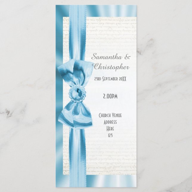 Pastel blue and white bow church wedding program (Front)