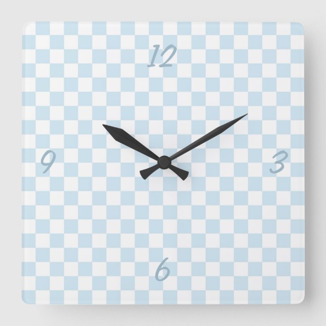 Pastel Blue and White Checkerboard Square Wall Clock (Front)