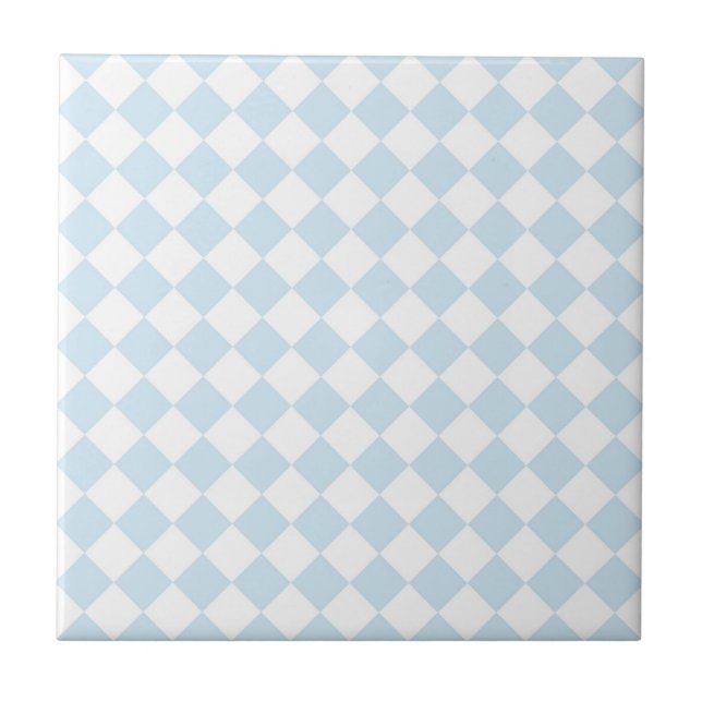 Pastel Blue and White Diamond Checkered Pattern Ceramic Tile (Front)