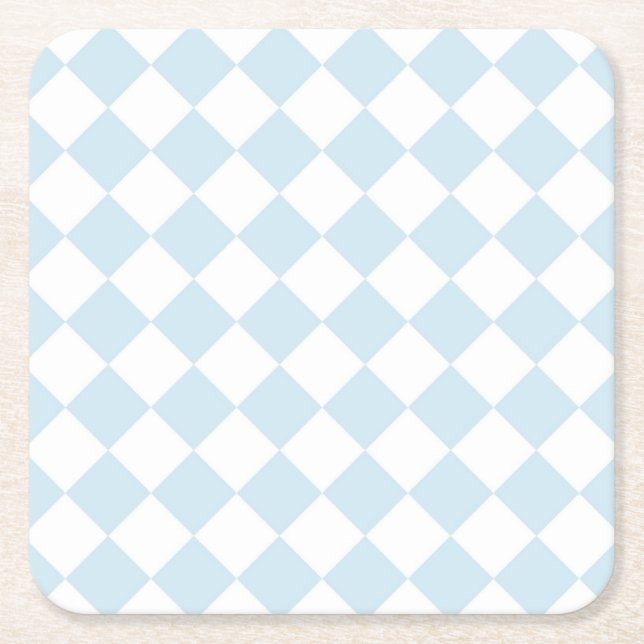 Pastel Blue and White Diamond Checkered Pattern Square Paper Coaster (Front)