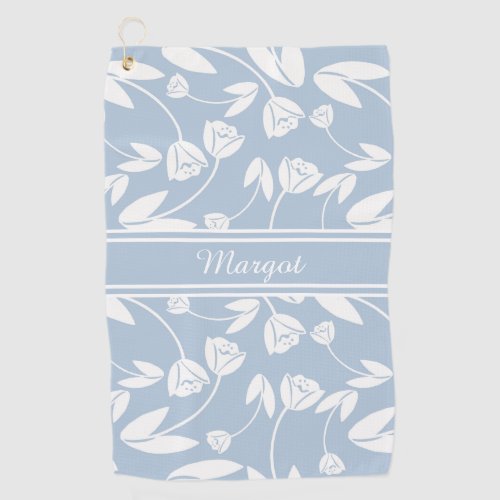 Pastel Blue and White Flower Silhouette Golf Towel