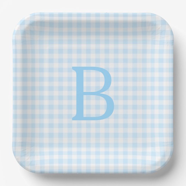 Pastel Blue and White Gingham Monogram Paper Plates (Front)