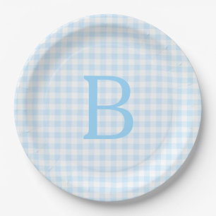Pastel Blue and White Gingham Monogram Paper Plates
