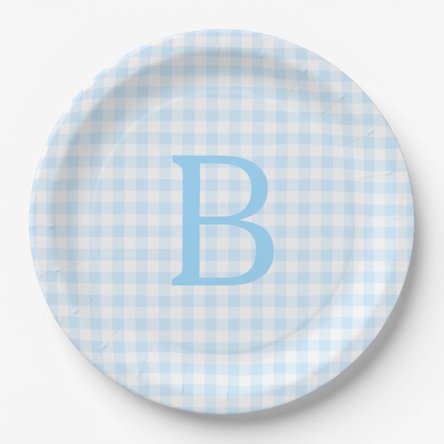 Pastel Blue and White Gingham Monogram Paper Plates (Front)