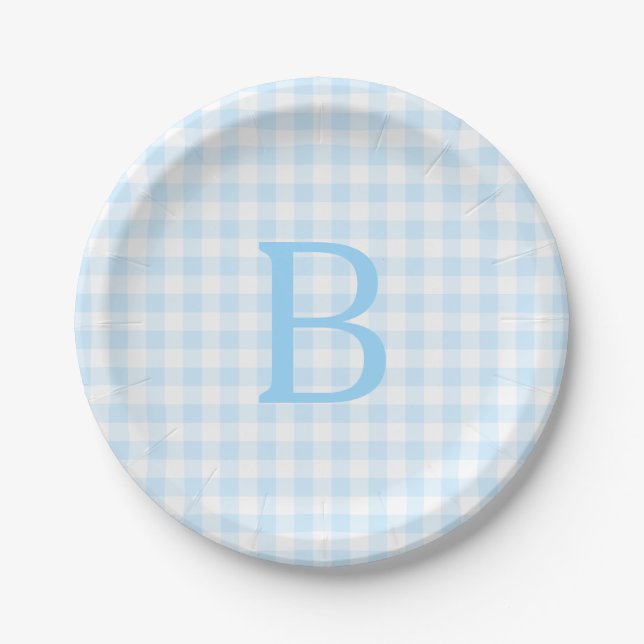 Pastel Blue and White Gingham Monogrammed Paper Plates (Front)