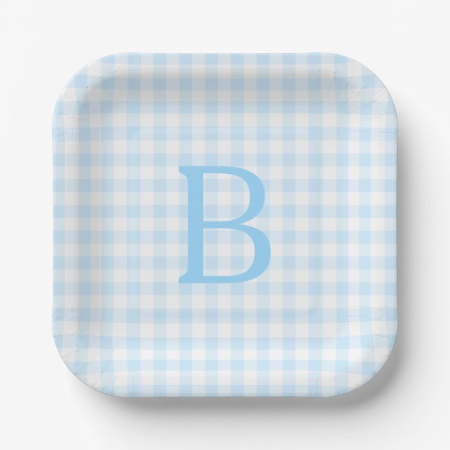 Pastel Blue and White Gingham Monogrammed Paper Plates (Front)