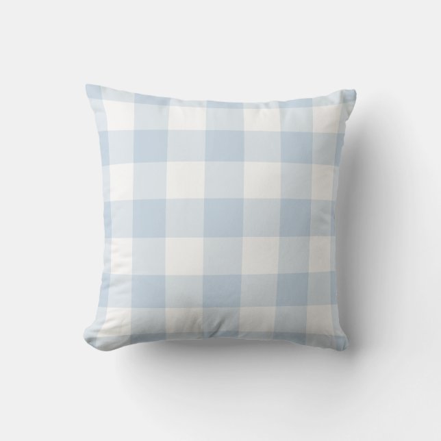 Pastel Blue and White Gingham Pattern Checkered Outdoor Pillow (Front)