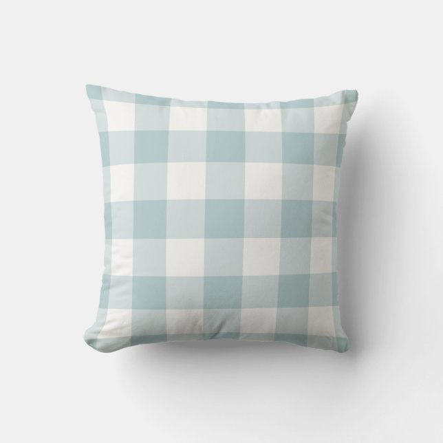 Pastel Blue and White Gingham Pattern Checkered Outdoor Pillow (Front)
