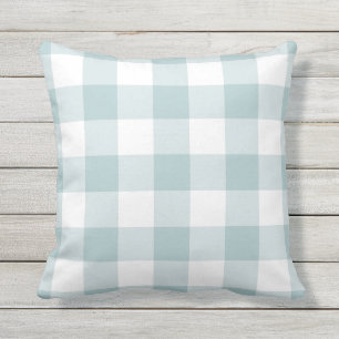 Pastel Blue and White Gingham Pattern Checkered Outdoor Pillow