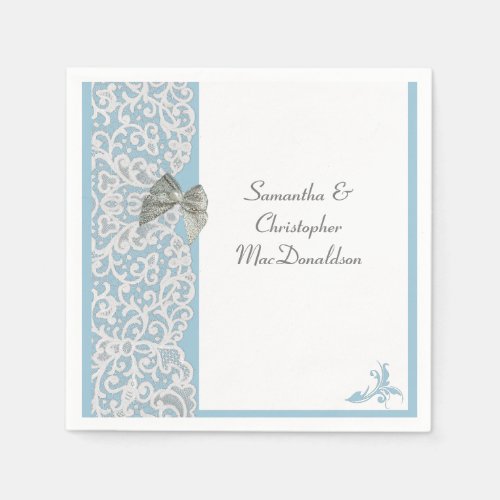 Pastel blue and white lace traditional wedding paper napkins