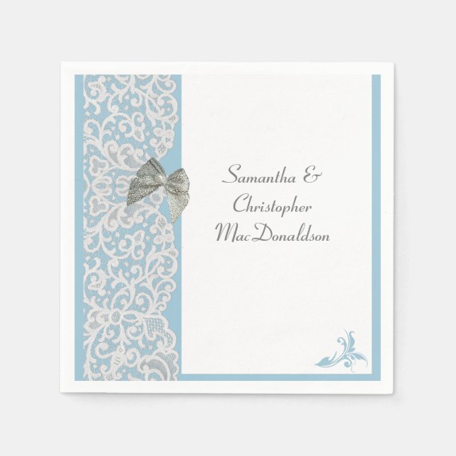 Pastel blue and white lace traditional wedding paper napkins (Front)