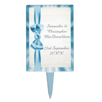 Pastel Blue And White Ribbon Wedding Cake Topper by personalized_wedding at Zazzle