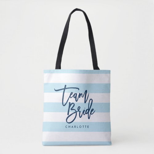 Pastel Blue and White Stripes Blue Team Bride Tote Bag