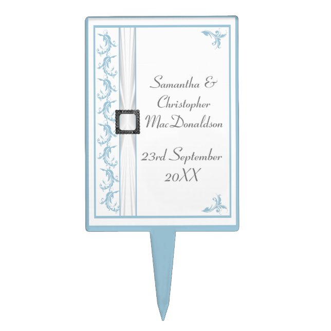 Pastel blue and white traditional lace wedding cake topper (Front)