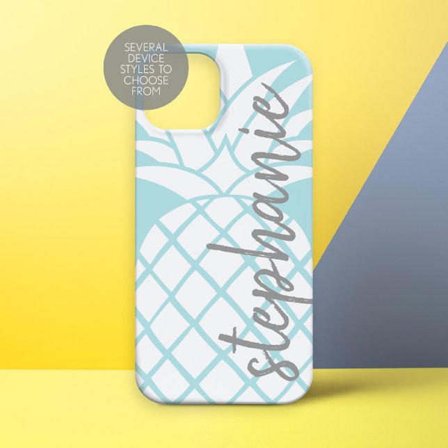 Pastel Blue and White Trendy Pineapple with Name Case-Mate iPhone Case (Personalized Phone Case - Trendy Pineapple)
