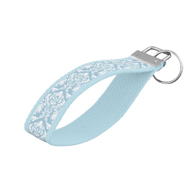 Pastel Blue And White Vintage Damasks Wrist Keychain (Angled Up)