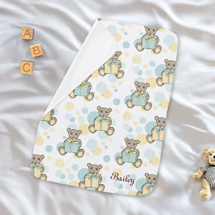 Pastel Blue and Yellow Cute Cartoon Teddy Bear Baby Blanket