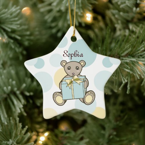 Pastel Blue and Yellow Cute Teddy Bear Ceramic Ornament