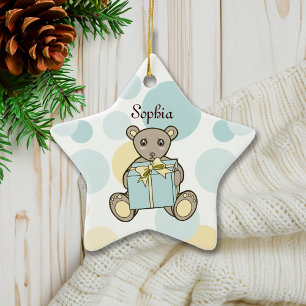 Pastel Blue and Yellow Cute Teddy Bear Ceramic Ornament