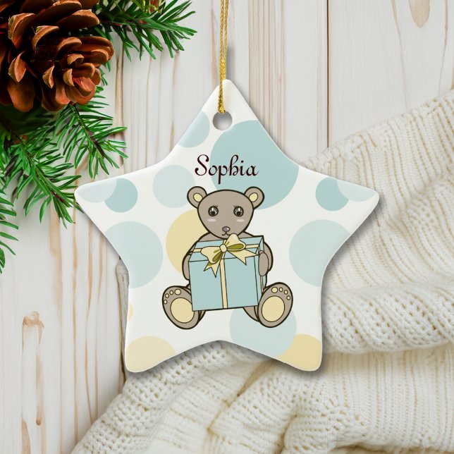 Pastel Blue and Yellow Cute Teddy Bear Ceramic Ornament (Creator Uploaded)