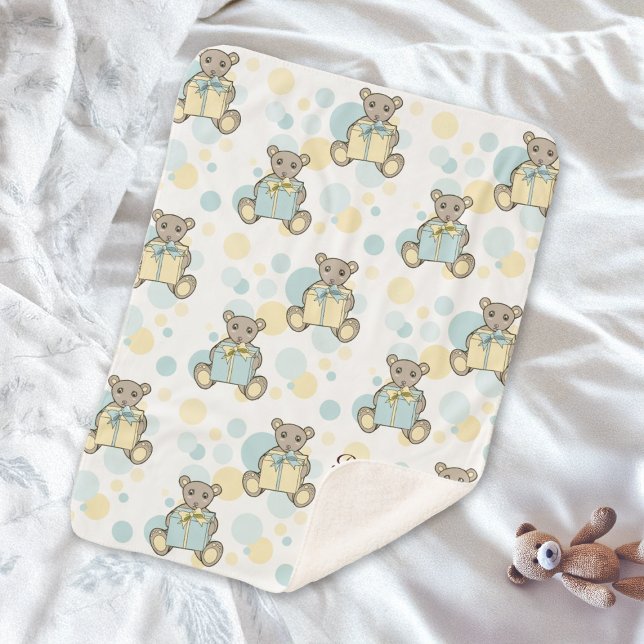 Pastel Blue and Yellow Cute Teddy Bear Sherpa Blanket (Creator Uploaded)