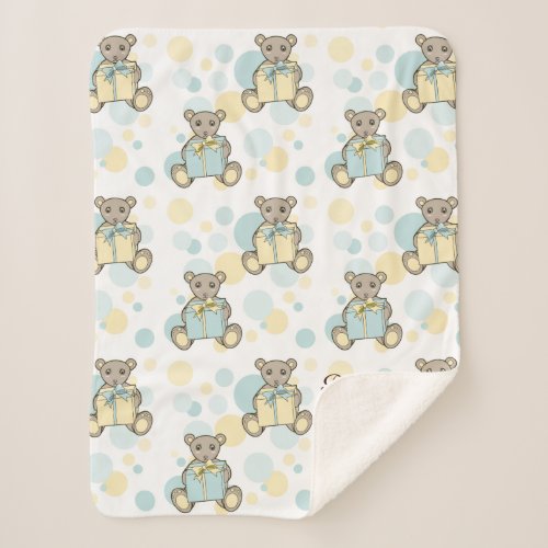 Pastel Blue and Yellow Cute Teddy Bear Sherpa Blanket