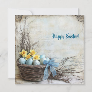 Pastel blue and yellow Easter eggs in basket retro Holiday Card