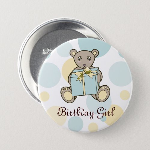 Pastel Blue and Yellow Teddy Bear Kids Birthday Button