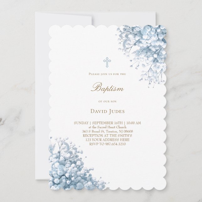 pastel blue baby's breath flowers Baptism Invitation (Front)